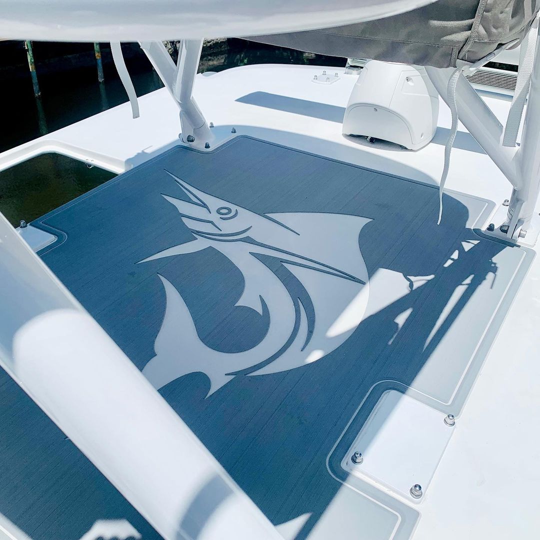 gatorstep boat flooring fishing marlin gray white silver engraved logo custom