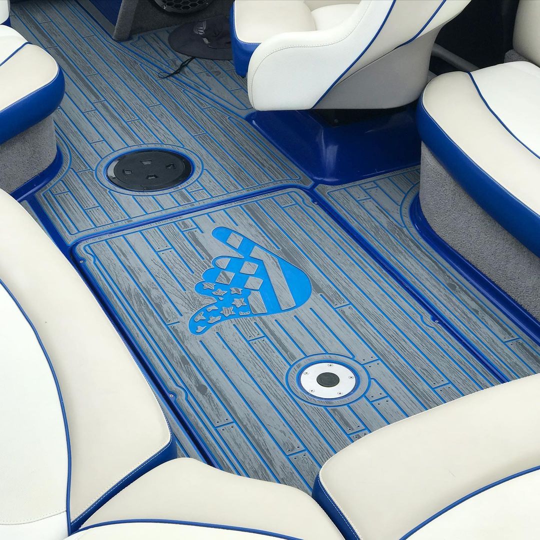wake boat flooring decking gatorstep custom gray blue logo wood plank laser