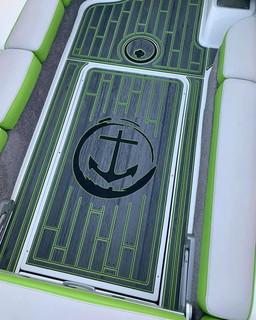 wake boat flooring gatorstep decking custom gray green black logo laser texture wood grain
